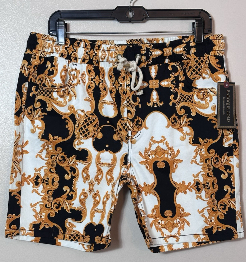 Baroque Gold Shorts Mens XL Gold Black White Scroll Print Slim Streetwear NWT